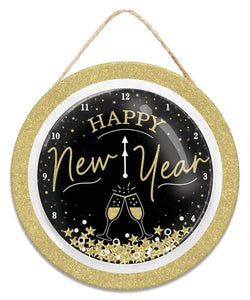 10.5" Dia. Happy New Year Clock Globe Sign, Black/White/Gold  WS1