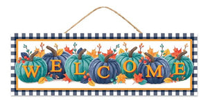 15"L x 5"H Welcome W/Pumpkins Sign, Smoke Blue/Teal  WS4