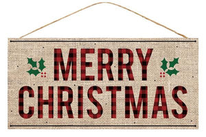 12.5"L x 6"H Merry Christmas Burlap Sign, Natural/Green/Black/Red  WS1