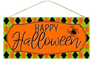 12.5"L x 6"H Happy Halloween Harlequin Sign, Orange/Black/Lime/Purple  WS1
