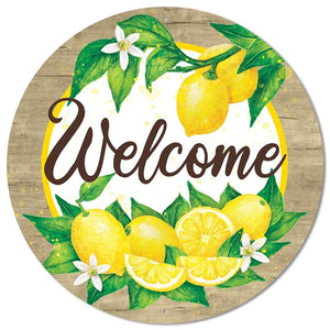 12" Round Metal Welcome w/Lemons And Wood Border Sign, Yellow/Green/White/Brown  WS5