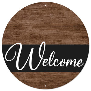 12" Round Metal Welcome Brown Wood Sign, Brown/Black/White  WS5