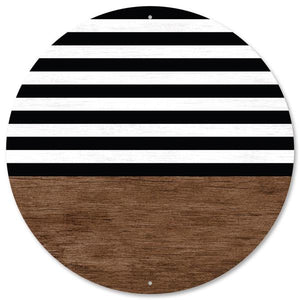 12" Round Metal White Wood Look Sign, Black/Brown/White  WS5