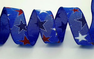 1.5"x10yd Dashed Glitter Star On Royal Burlap, Royal Blue/White/Navy/Red Glitter  AP24