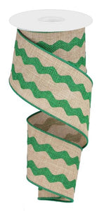 2.5"x10yd Ricrac, Wavy Pattern Over Light Beige on Royal Burlap, Light Beige/Emerald Green  AP19
