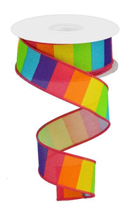 1.5"x10yd Horizontal Rainbow On Royal Burlap, Hot Pink/Orange/Yellow/Lime/Turquoise  MA83