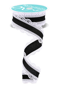 1.5"x10yd Royal Burlap Scalloped Edge, White/Black  JA7