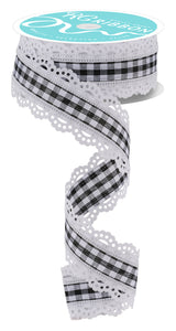 1.5"x10yd Scalloped Edge Gingham, Black/White w/White Lace  JA2