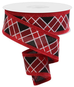 1.5"x10yd Diagonal Check On Royal Burlap, Cranberry/Black/White  NV13