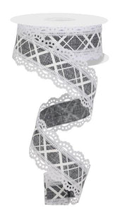 1.5"x10yd Line Check w/Lace On Royal Burlap, Grey/White  JA9