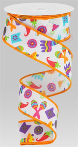 1.5"x10yd Fiesta On Fabric, White/Yellow/Orange/Blue/Hot Pink/Purple  MA38