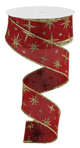 1.5"x10yd Retro Stars On Royal Burlap, Burgundy/Gold Glitter  AP26