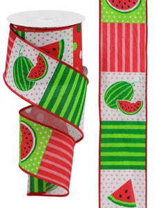 2.5"x10yd Watermelon Block On Faux Royal Burlap, White/Light Pink/Green/Black  MA49