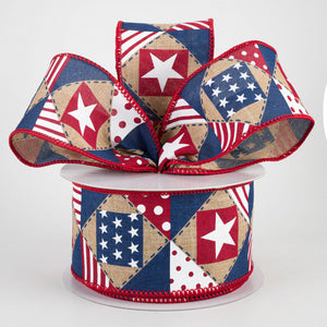 2.5"x10yd Patriotic Patchwork On Royal  Burlap, Light Beige/White/Red/Blue  MY58