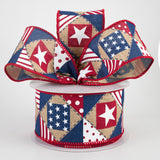 2.5"x10yd Patriotic Patchwork On Royal  Burlap, Light Beige/White/Red/Blue  MY58