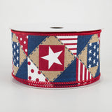 2.5"x10yd Patriotic Patchwork On Royal  Burlap, Light Beige/White/Red/Blue  MY58