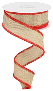 1.5"x10yd Cross Royal Burlap w/Stitched Edge, Beige/Red  JY19