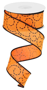 1.5"x10yd Dashed Swirls On Linen, Orange/Black  JY19