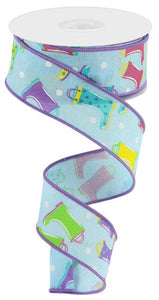 1.5"x10yd Rainboots On Royal Burlap, Blue/Teal/Pink/Yellow/Lavender/Green  MC4