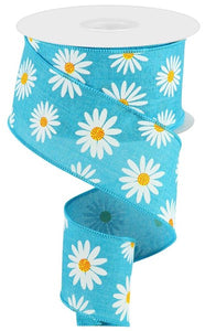 2.5"x10yd Daisy On Royal Burlap, Turquoise/White/Yellow/Orange  MA51