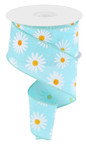 2.5"x10yd Daisy On Royal Burlap, Robins Egg/White/Yellow/Orange  MA54