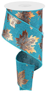 2.5"x10yd Foil Maple Leaf On Royal Burlap, Teal/Copper  JL5