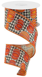 2.5"x10yd Stitched Pumpkin Check On Royal Burlap, Natural/Black/Fall Colors  JL5