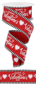 1.5"x10yd Happy Valentine's Day On Royal Burlap w/Thin Stripe Edge, Red/Black/White  DC11