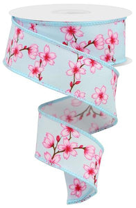1.5"x10yd Blossoms On Diagonal Weave, White/Light Blue/Pink/Brown  MA42