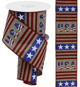 2.5"x10yd Glitter USA w/Stripes And Stars On Royal Burlap, Beige/White/Red/Blue  MA42