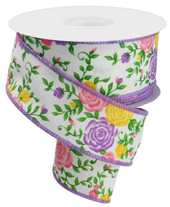 1.5"x10yd Mini Roses On Royal Burlap, Ivory/Pink/Yellow/Lavender/Green  MA46