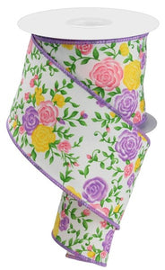 2.5"x10yd Mini Rose On Royal Burlap, Ivory/Pink/Yellow/Lavender/Green  MA43