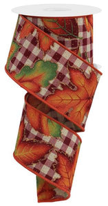 2.5"x10yd Autumn Leaves On Check, Beige/Burgundy/Green/Yellow  MA64