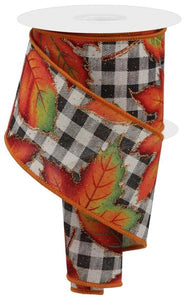 2.5"x10yd Autumn Leaves On Check, Light Beige/Black/White/Green/Yellow  MA62