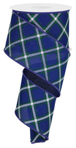 2.5"x10yd Diagonal Dash Check On Faux Royal Burlap, Royal Blue/Emerald Green/White  MA70