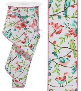 2.5"x10yd Birds w/Floral Branches On Diagonal Weave, White/Light Aqua/Spring Green/Turquoise/Pink/Peach  MA99