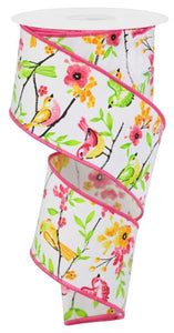 2.5"x10yd Birds w/Floral Branches On Diagonal Weave, White/Pink/Spring Green/Orange/Brown  MA97