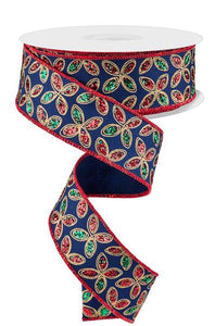 1.5"x10yd Quatrefoil Petals On Royal Burlap, Navy Blue/Red/Emerald Green/Gold  NV13