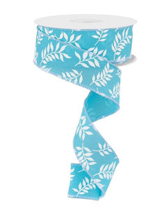 1.5"x10yd Laurel Leaf On Royal Burlap, Light Blue/White  AP29