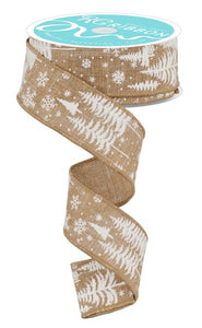 1.5"x10yd Pine Trees w/Snowflakes On Diagonal Weave, Light Beige/White  JY11