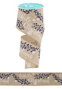 2.5"x10yd White Christmas w/Berries, Light Natural/Navy Blue/Brown  OB7