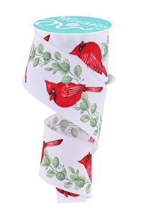 2.5"x10yd Cardinal On Eucalyptus Branch On Diagonal Weave, White/Red/Celadon  OB2