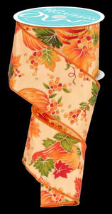 2.5"x50yd Pumpkins, Gourds and Berries On Diagonal Weave, Antique Gold/Red/Orange/Green  WL50