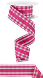 1.5"x10yd Mini Gingham w/Center Stripe Ribbon, Hot Pink/White  NV2