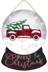 12"H x 9"L  Red Truck w/Tree Snow Globe, Red/Black/White/Green  WS4