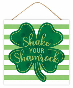 10"SQ Shake Your Shamrock Glitter Sign, White/Light Green/Dark Green/Lime  WS4
