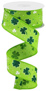 1.5"x10yd Glitter Shamrock On Royal Burlap, Fresh Green/Emerald Green/White  OC17