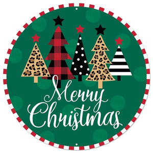 12" Round Metal Merry Christmas w/Trees Sign, Black/White/Red/Green/Tan  WS5