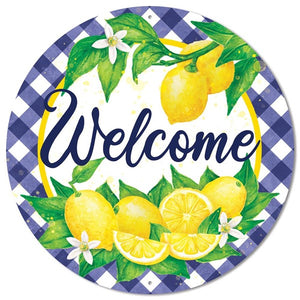 12" Round Metal Welcome w/Lemons And Check Border Sign, Yellow/Green/White/Blue  WS5