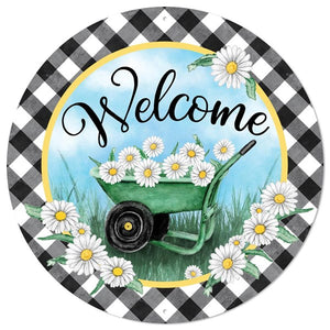 12" Round Metal Welcome/Wheelbarrow Sign, Black/White/Ice Blue/Yellow/Green  WS5